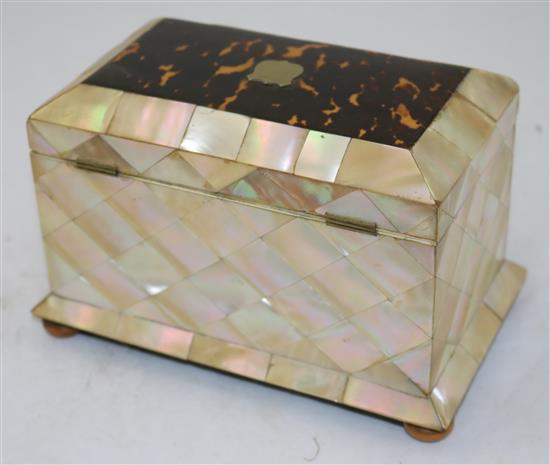 An early Victorian mother of pearl and tortoiseshell tea caddy, 8in.
